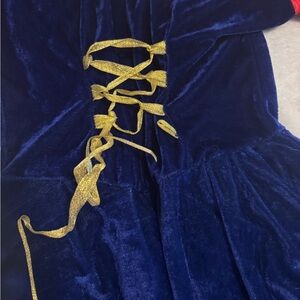 “Snow white” dress. Blue Velvet Dress with Gold Lace-Up Detail
